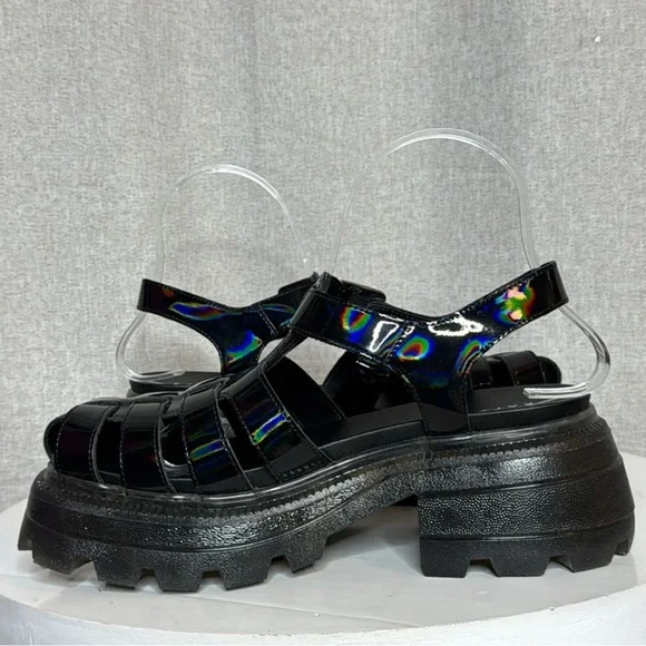 KATY PERRY THE GELI COMBAT BLACK HOLOGRAPHIC FISHERMAN PLATFORM SANDALS **NIB** - Picture 8 of 15